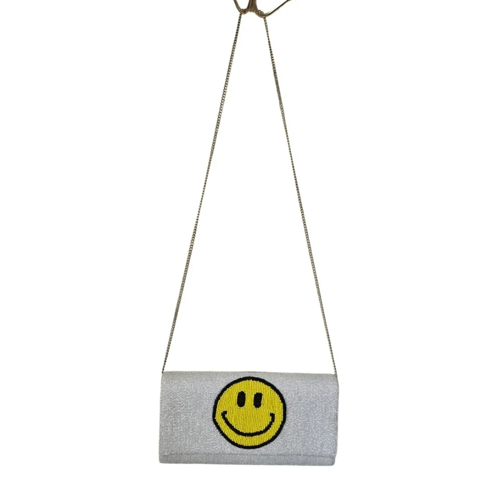 White Beaded Smiley Face Emoji Clutch/ Shoulder Bag